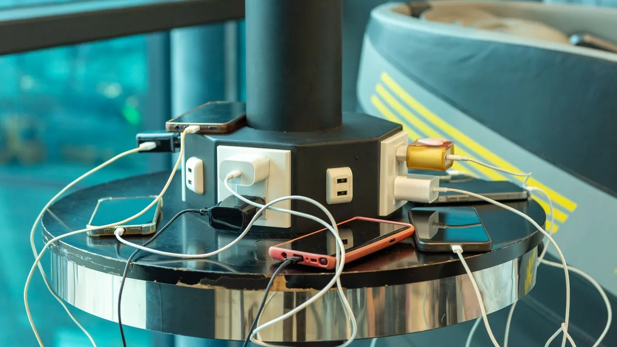Prizde takılı ve üzerinde kablolar bağខ្ញmış çok portlu adaptör